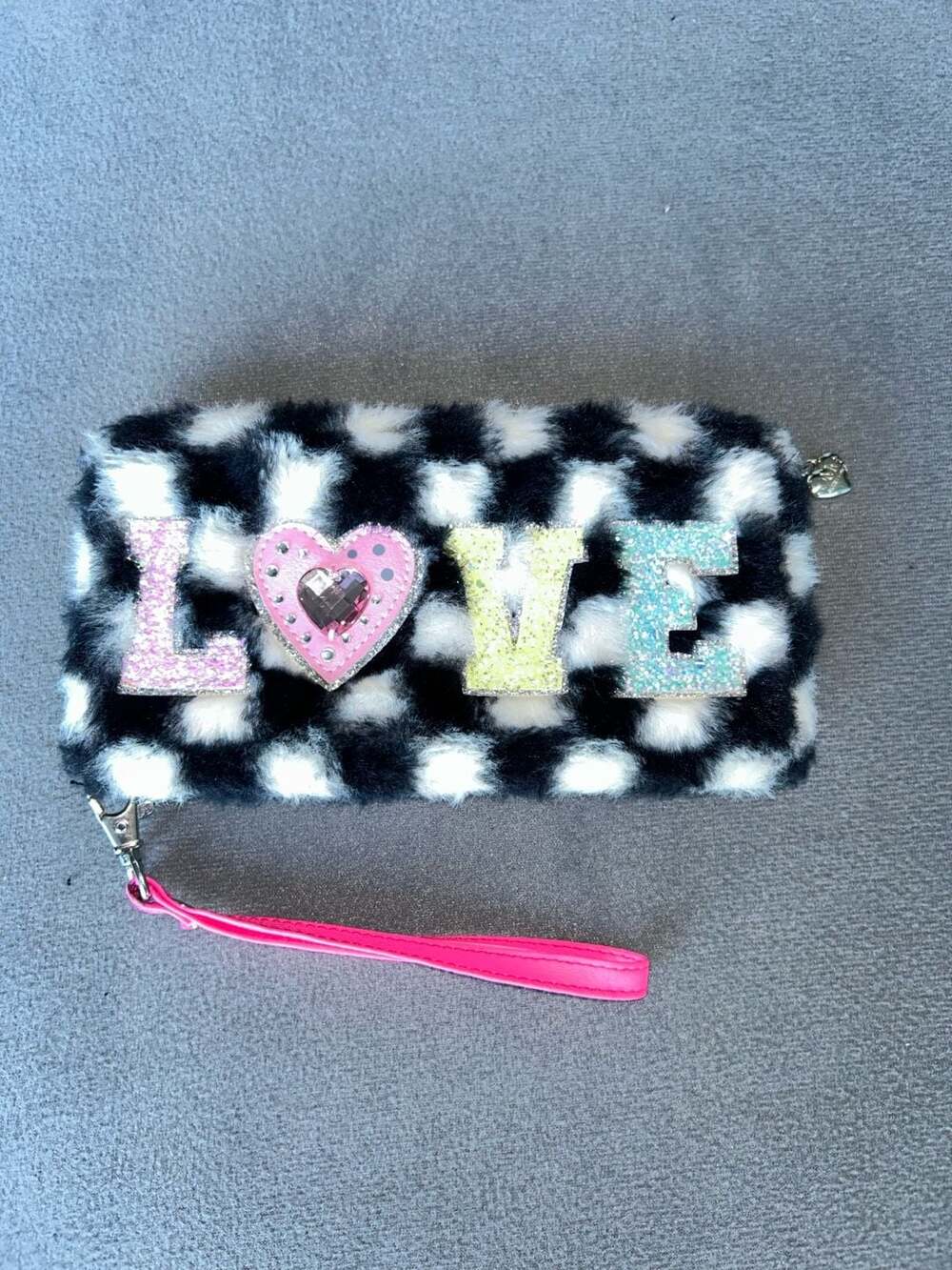 OMG Accessories Black and White Checkered Faux Fur LOVE Wristlet Wallet